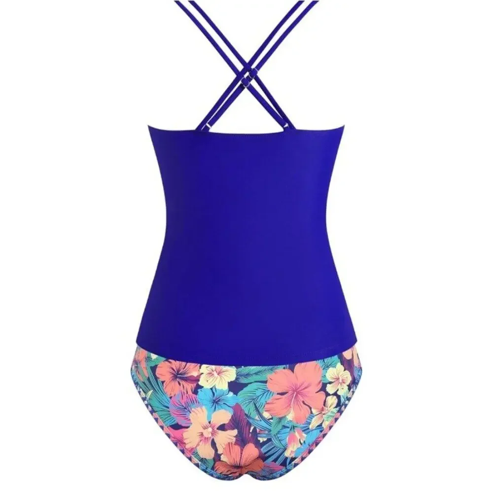 Zaful Women Floral Tankini Set Crisscross Strap Bikini 2 Piece XL NWT